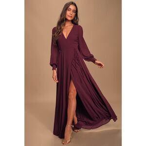 Lulus NWT My Whole Heart Plum Long Sleeve Balloon Sleeves Wrap Maxi Dress XL